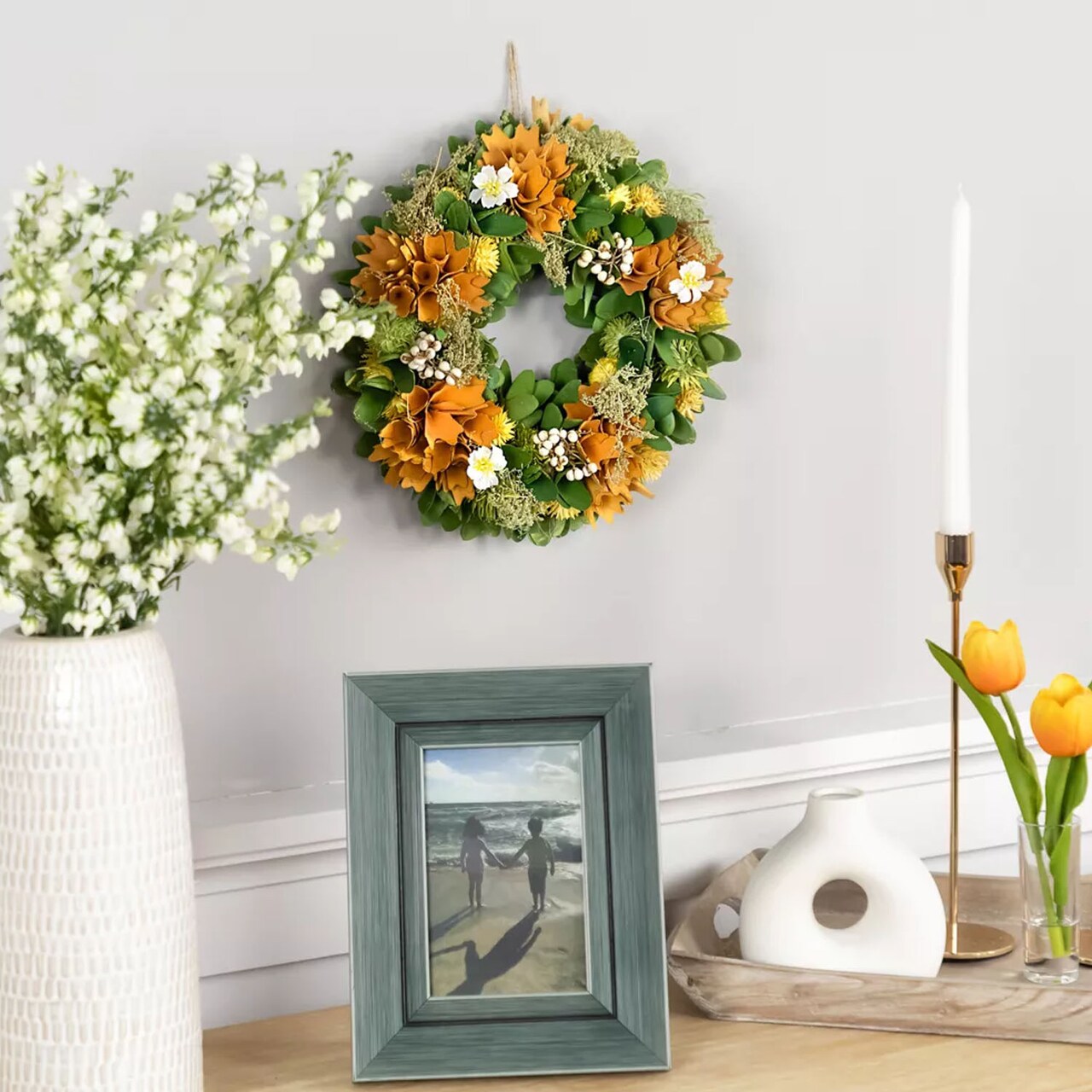 11-Inch Orange Mixed Floral Spring Wreath Small Artificial Flower Accent for Door or Wall